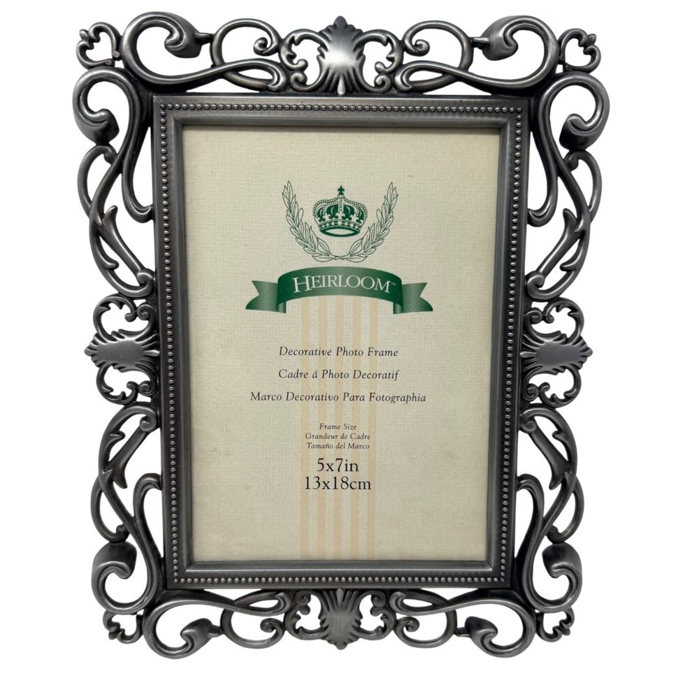 Vintage Ornate Pewter Tone Scroll‎ Photo Frame Heavy Metal Holds 5x7
